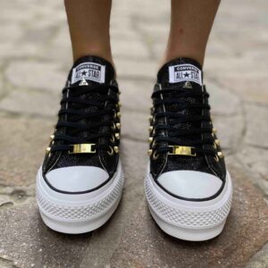 Converse All Star Personalizzate Platform LOW Squamato Nero e Borchie Oro