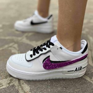 Nike Air Force 1 Shadow Custom Doppio Swoosh Glitter Fucsia e Dettagli Neri Cuciti A Mano