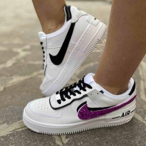 Nike Air Force 1 Shadow Custom Doppio Swoosh Glitter Fucsia e Dettagli Neri Cuciti A Mano
