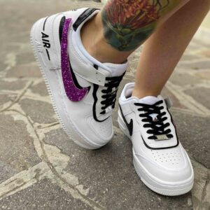 Nike Air Force 1 Shadow Custom Doppio Swoosh Glitter Fucsia e Dettagli Neri Cuciti A Mano