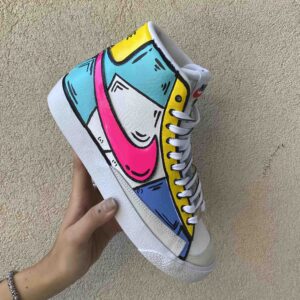 Nike Blazer Customized Dipinte a Mano Cartoon Multicolor Lacci Bianchi