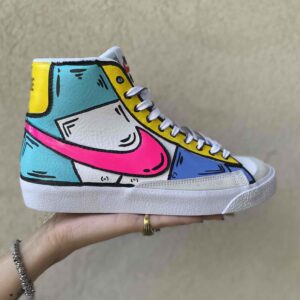 Nike Blazer Customized Dipinte a Mano Cartoon Multicolor Lacci Bianchi