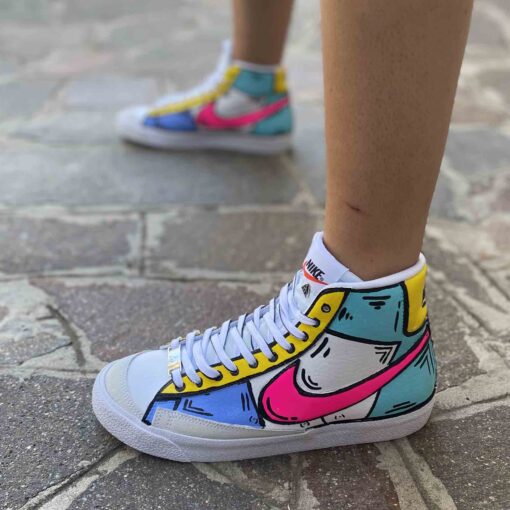 Nike Blazer Customized Dipinte a Mano Cartoon Multicolor Lacci Bianchi