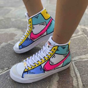 Nike Blazer Customized Dipinte a Mano Cartoon Multicolor Lacci Bianchi