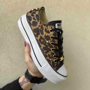 Converse All Star Personalizzate Platform Low Tessuto Leo Linguetta e Tampone Lurex Nero e Borchie Oro