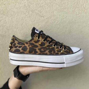 Converse All Star Personalizzate Platform Low Tessuto Leo Linguetta e Tampone Lurex Nero e Borchie Oro