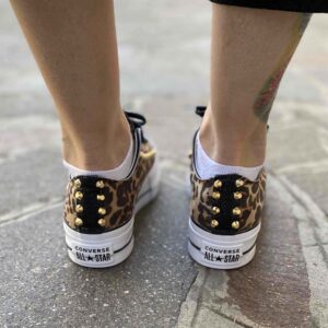 Converse All Star Personalizzate Platform Low Tessuto Leo Linguetta e Tampone Lurex Nero e Borchie Oro