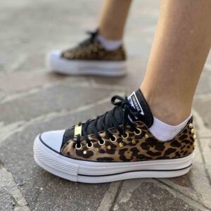 Converse All Star Personalizzate Platform Low Tessuto Leo Linguetta e Tampone Lurex Nero e Borchie Oro