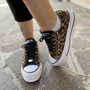 Converse All Star Personalizzate Platform Low Tessuto Leo Linguetta e Tampone Lurex Nero e Borchie Oro
