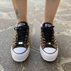 Converse All Star Personalizzate Platform Low Tessuto Leo Linguetta e Tampone Lurex Nero e Borchie Oro