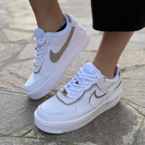 Nike Air Force 1 Shadow Custom Doppio Swoosh Lurex Oro Cucito A Mano