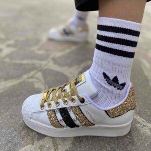 Adidas Superstar Bold Personalizzate Bande Glitter Oro e Nero, Lacci Glitter e Strass