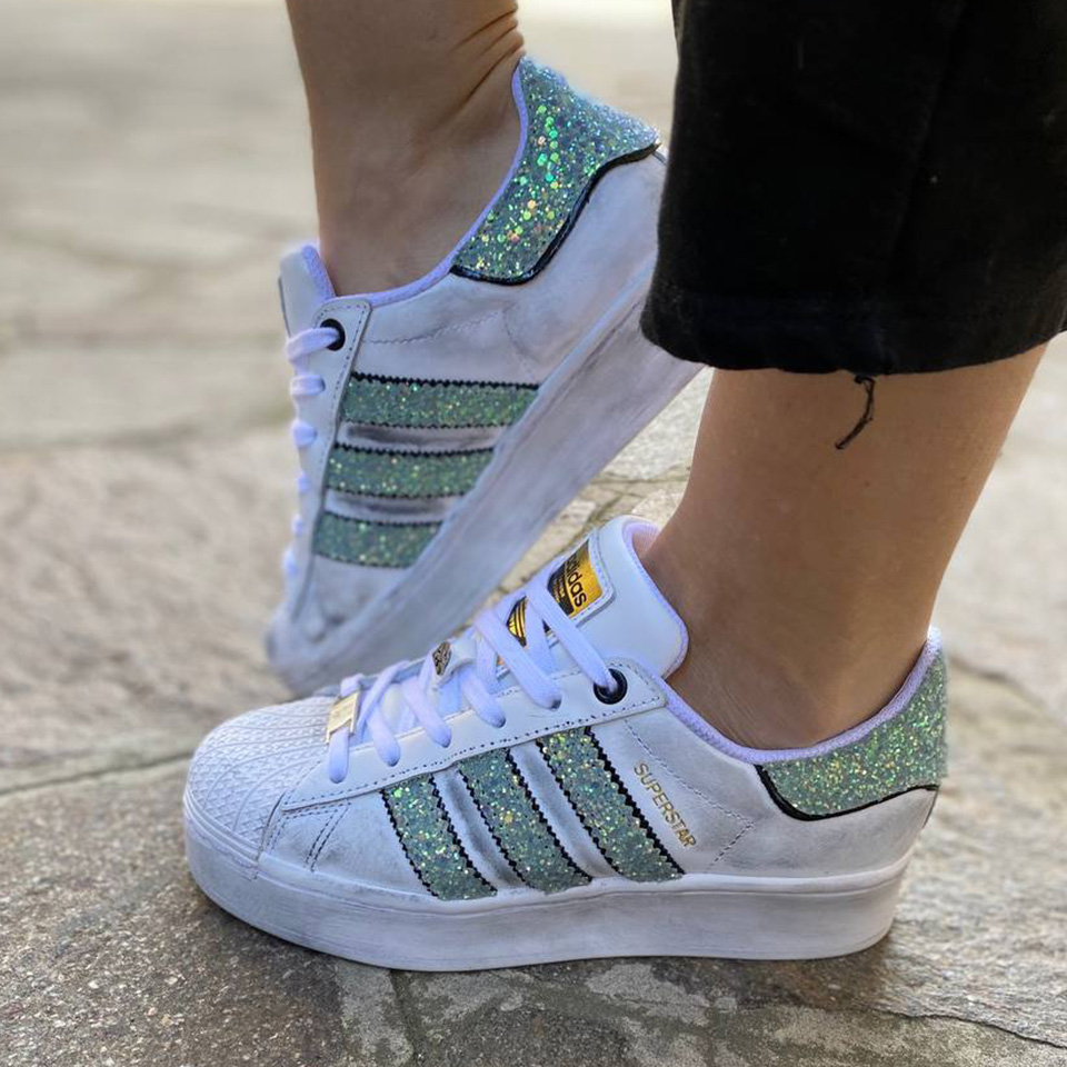 Adidas Superstar Bold Personalizzate Glitter Tiffany e Sporcatura Vintage
