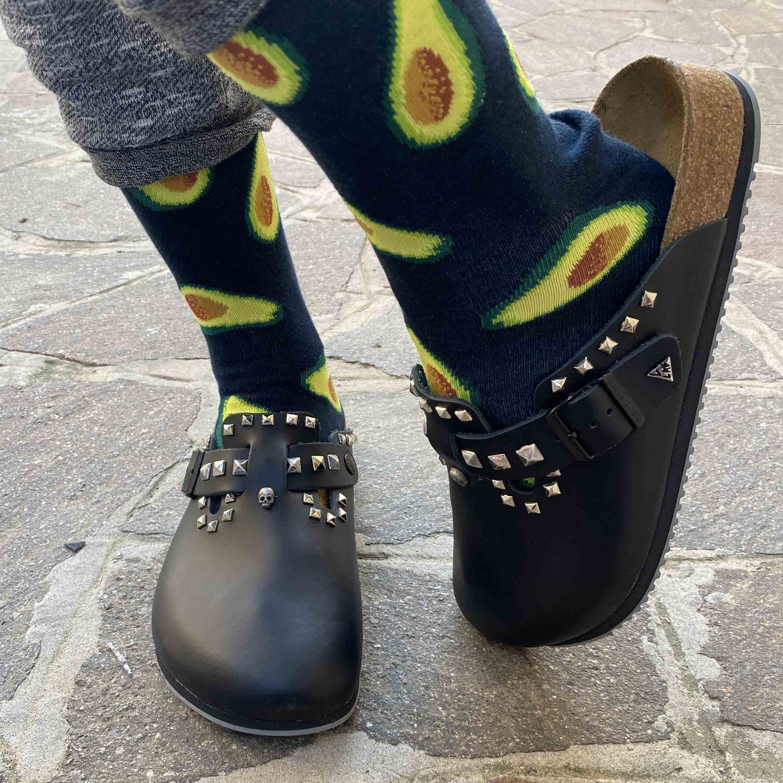 Birkenstock Boston Personalizzate Pelle Naturale Black Borchie a Piramide e Teschio