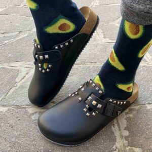 Birkenstock Boston Personalizzate Pelle Naturale Black Borchie a Piramide e Teschio