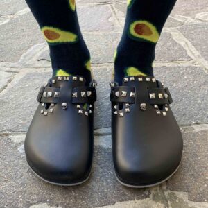Birkenstock Boston Personalizzate Pelle Naturale Black Borchie a Piramide e Teschio