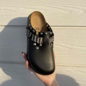 Birkenstock Boston Personalizzate Pelle Naturale Black Uncinetto Scozzese e Borchie a Piramide
