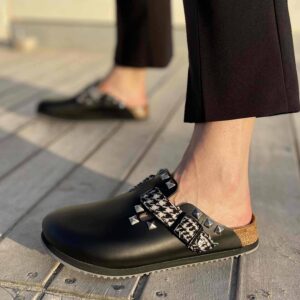 Birkenstock Boston Personalizzate Pelle Naturale Black Uncinetto Scozzese e Borchie a Piramide