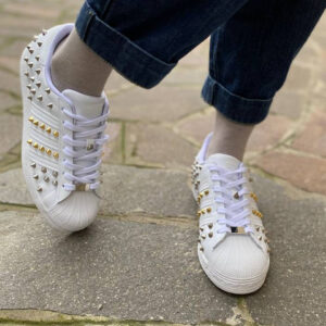Adidas Superstar Total White Personalizzate Borchie Argento e Oro