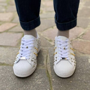 Adidas Superstar Total White Personalizzate Borchie Argento e Oro