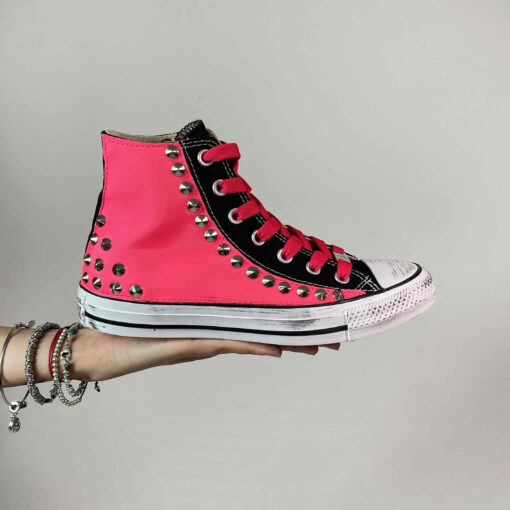 Converse All Star Personalizzate Fucsia, Borchie con Lacci Fucsia