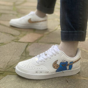 Nike Court Vision Low Custom Swoosh Dipinto a Mano Cookies e Pupazzo Blu