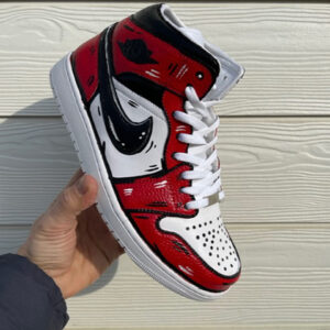 Nike Jordan 1 Custom Cartoon Dipinta A Mano Rosso e Nero Swoosh Nero