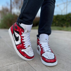 Nike Jordan 1 Custom Cartoon Dipinta A Mano Rosso e Nero Swoosh Nero
