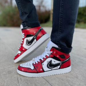 Nike Jordan 1 Custom Cartoon Dipinta A Mano Rosso e Nero Swoosh Nero