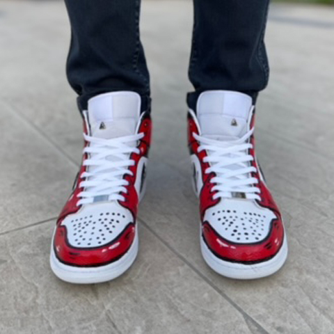 Nike Jordan 1 Custom Cartoon Dipinta A Mano Rosso e Nero Swoosh Nero