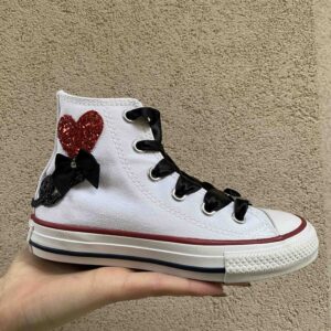 Converse All Star Personalizzate Bambino Cuori Glitter Rosso e Lacci Raso Nero