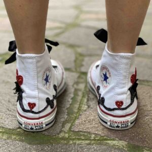 Converse All Star Personalizzate Cuori Glitter Rosso e Lacci Raso Nero