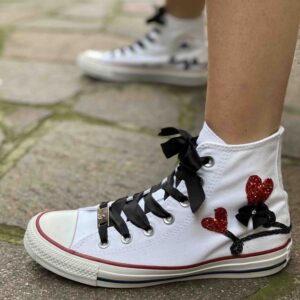 Converse All Star Personalizzate Cuori Glitter Rosso e Lacci Raso Nero