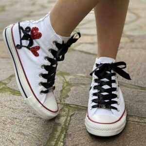 Converse All Star Personalizzate Cuori Glitter Rosso e Lacci Raso Nero