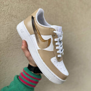 Nike Air Force One Custom Dipinte A Mano Beige Doppio Swoosh Sfumato Marrone e Oro