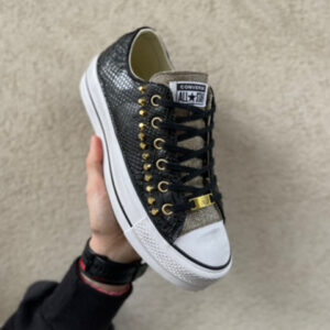 Converse All Star Personalizzate Platform Low Squamato Nero, Borchie e Dettagli Oro