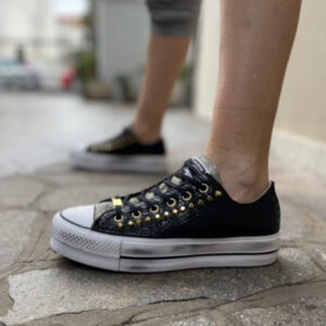 Converse All Star Personalizzate Platform Low Squamato Nero, Borchie e Dettagli Oro