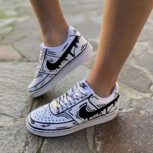 Nike Court Vision Custom Cartoon Bianco e Nero Con Swoosh Goccia