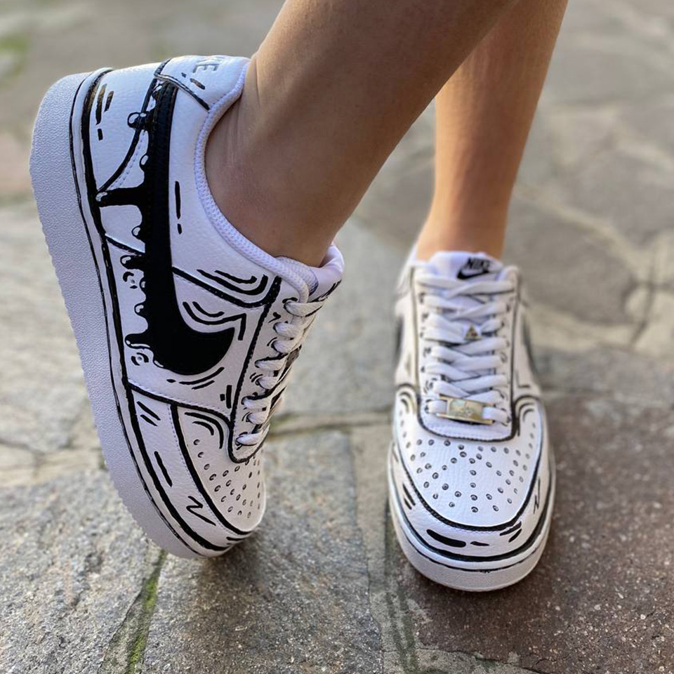 Nike Court Vision Custom Cartoon Bianco e Nero Con Swoosh Goccia