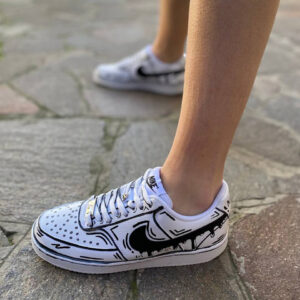 Nike Court Vision Custom Cartoon Bianco e Nero Con Swoosh Goccia