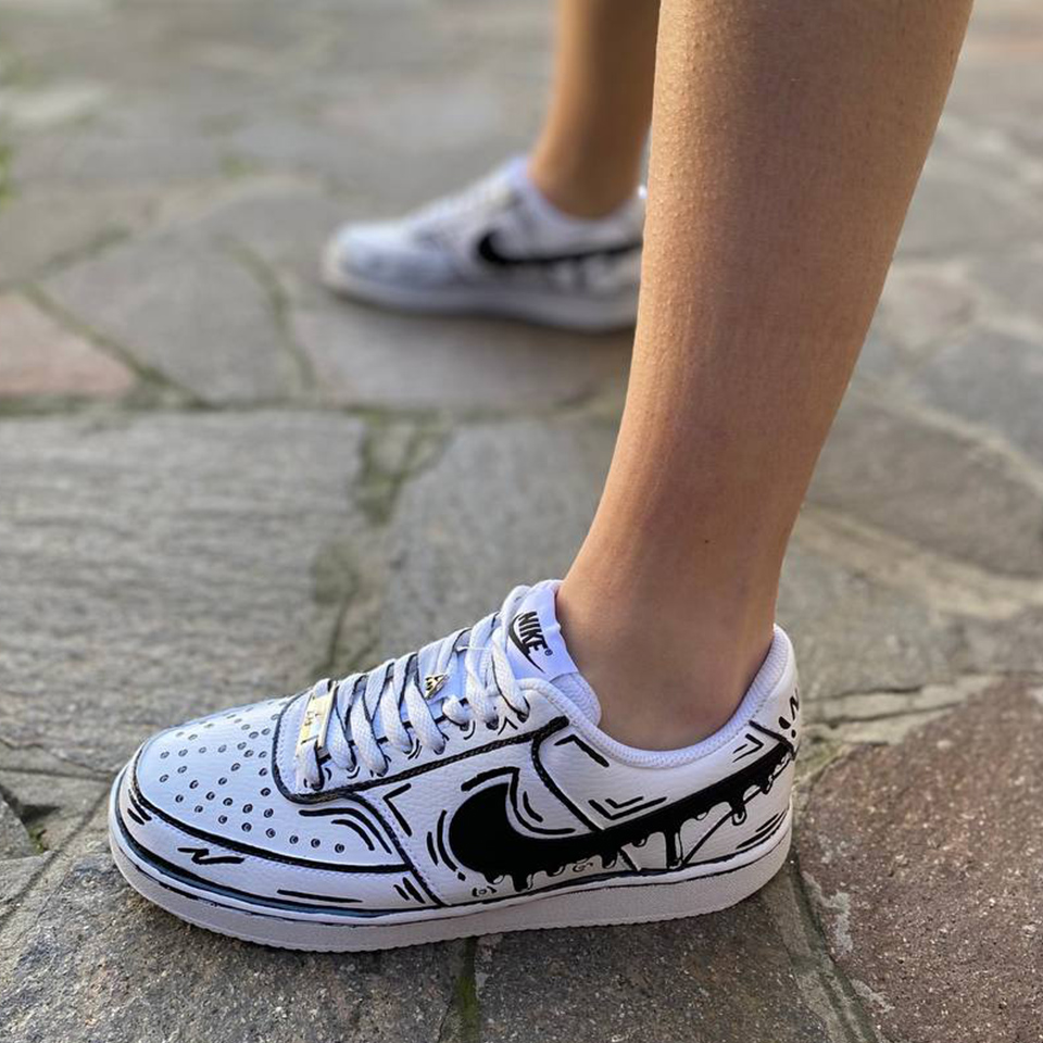 Nike Court Vision Custom Cartoon Bianco e Nero Con Swoosh Goccia