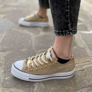 Converse All Star Personalizzate Platform Low Scamosciato Beige, Borchie Oro e Lacci Corda