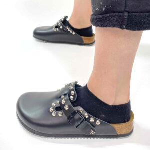 Birkenstock Boston Personalizzate Pelle Naturale Black Borchie a Cono Basso Argento