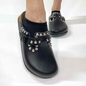 Birkenstock Boston Personalizzate Pelle Naturale Black Borchie a Cono Basso Argento