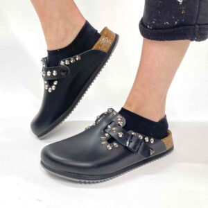 Birkenstock Boston Personalizzate Pelle Naturale Black Borchie a Cono Basso Argento