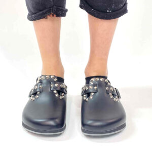 Birkenstock Boston Personalizzate Pelle Naturale Black Borchie a Cono Basso Argento