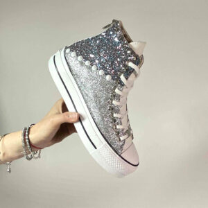 Converse All Star Personalizzate Platform Glitter Argento e Bianco “Diagon Alley White”