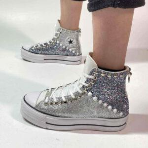 Converse All Star Personalizzate Platform Glitter Argento e Bianco “Diagon Alley White”