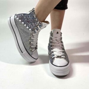 Converse All Star Personalizzate Platform Glitter Argento e Bianco “Diagon Alley White”