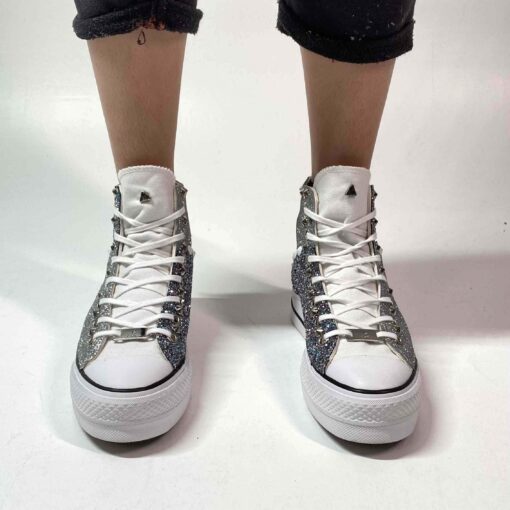 Converse All Star Personalizzate Platform Glitter Argento e Bianco “Diagon Alley White”